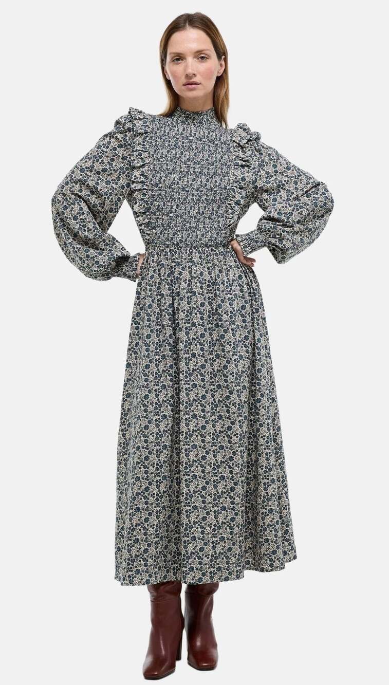 Monoprix Ditsy Floral Midi Dress Ruffled Smocked Mock Neck